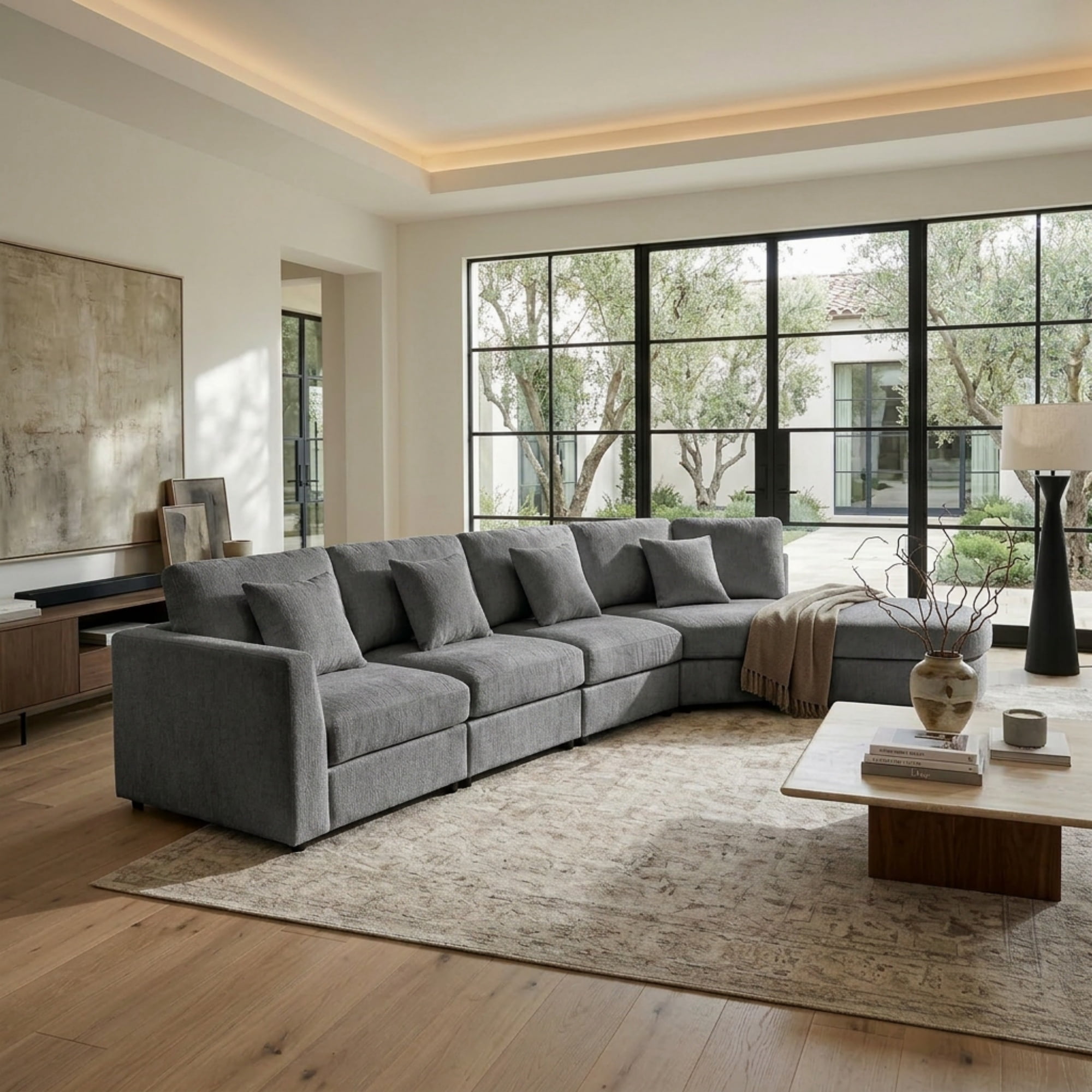 160.43" Oversized 5-Seater Curved Sectional Sofa with Ottoman, Chenille Upholstered Modular Couch Set with 4 Throw Pillows
