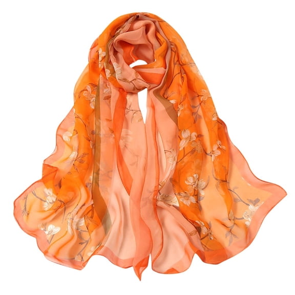 160*50Cm Women Flower Print Long Soft Wrap Scarf Silk Shawl Scarves Orange
