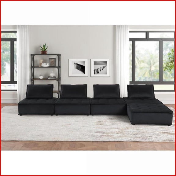 160\" Black Velvet 5-Piece Modular Sectional Sofa Ottoman – Modern Living Room Furniture | Black | Velvet | Armless