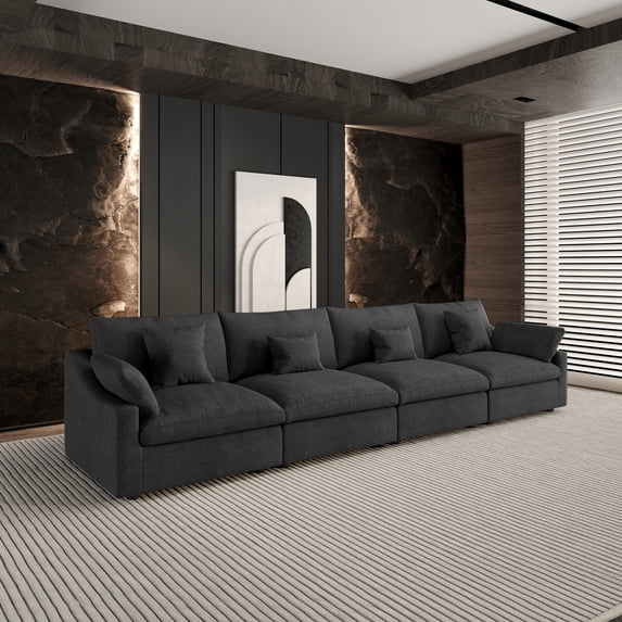 160" Cloud Couch Sectional for Living Room, Down Filled 4 Seater, Convertible Sofa Couch, Black