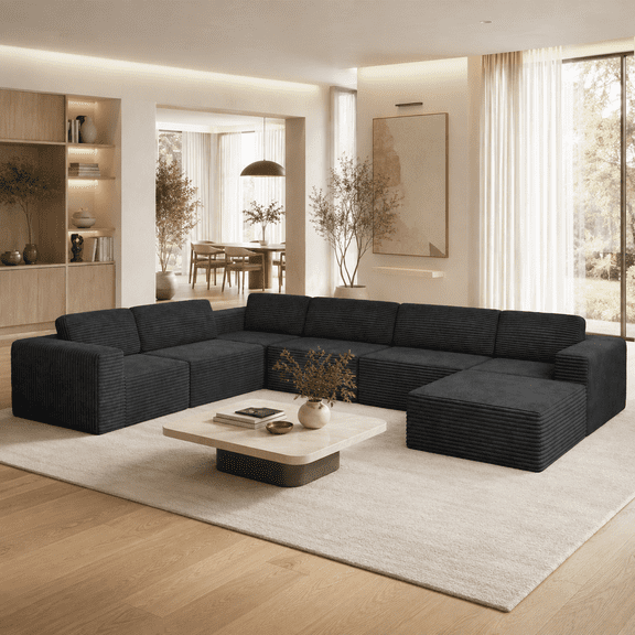 160" Oversized Boneless Sectional Couch Bed for living room, 7 Seats, Corduroy Modular U Shaped Sofa, Big Comfy Home Apartment Furniture, No Assembly Needed, Black