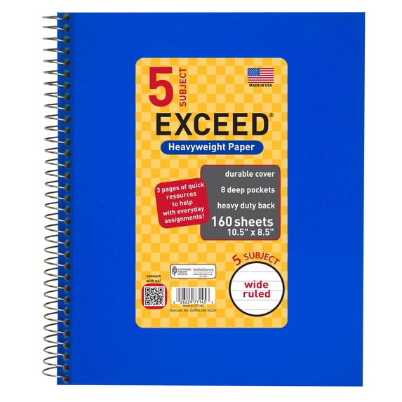 160 Count 5 Subject Blue Exceed Notebook, 10.5" x 8.5", Wide Ruled