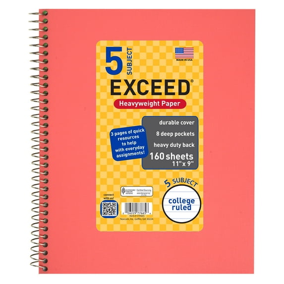 160 Count 5 Subject Pink Exceed Notebook, 11" x 9", College Ruled