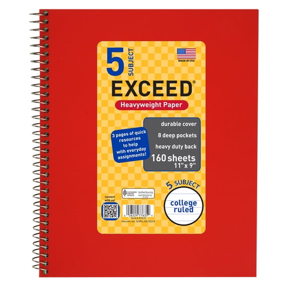 160 Count 5 Subject Red Exceed Notebook, 11" x 9", College Ruled