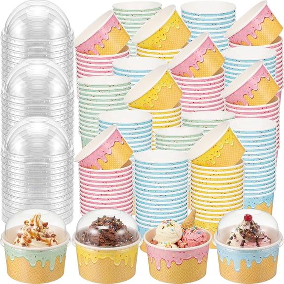 160 Count Paper Ice Cream Cups with Clear Dome Lids 8 oz Disposable Dessert Bowls