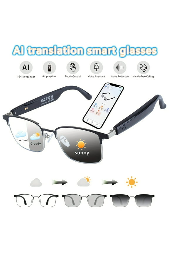 160 Languages AI Smart Glasses | Real-Time Translation, HD Calls, HIFI Music, Photochromic Lenses, for Cycling, Driving, Office, Travel, Holiday Gift