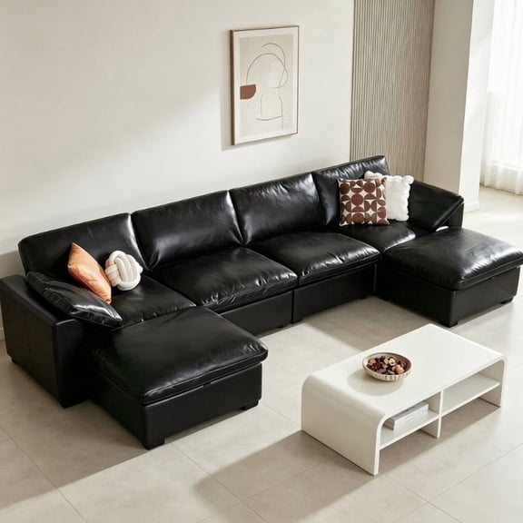 160" Oversized Cloud Sectional Sofa, U-Shaped Modular Couch with Storage Ottoman, Faux Leather, Deep Seat, Black