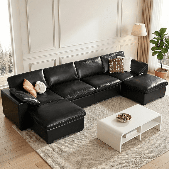 160" Oversized Cloud Sectional Sofa, U-Shaped Modular Couch with Storage Ottoman, Faux Leather, Deep Seat, Black