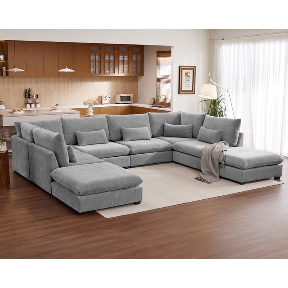 CHIC HOUSE 168" Oversized Modular Sofa, Extra Deep Cloud Chenille Sectional Couch with Ottoman Chaise, Fluffy 8 Seat U-Shaped Sofa for Living Room, Villa, Gray