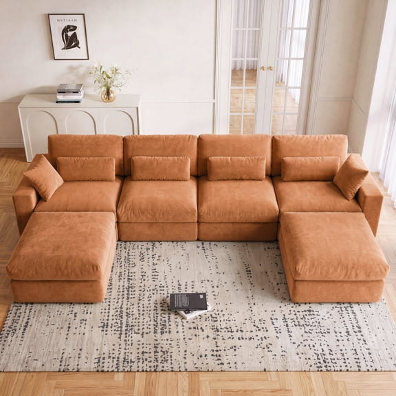 160'' Oversized Modular Sectional Couch for Living Room, Spring Cushion Seating, Modern 6 Seater Convertible U Shaped Sofa with Ottoman, Burnt Orange