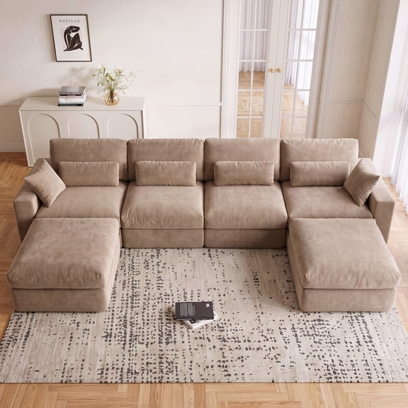 160'' Oversized Modular Sectional Couch for Living Room, Spring Cushion Seating, Modern 6 Seater Convertible U Shaped Sofa with Ottoman, Khaki