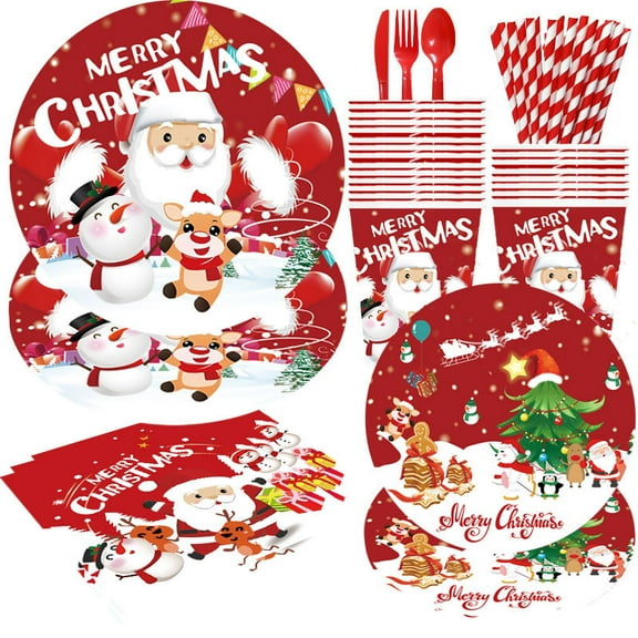160 PCS Merry Christmas Disposable Dinnerware Sets,Christmas Paper Plates and Cups Napkins Forks,Tablewares Christmas Paper Plates Heavy Duty,Christmas Xmas Party Supplies Decor,Serve 20