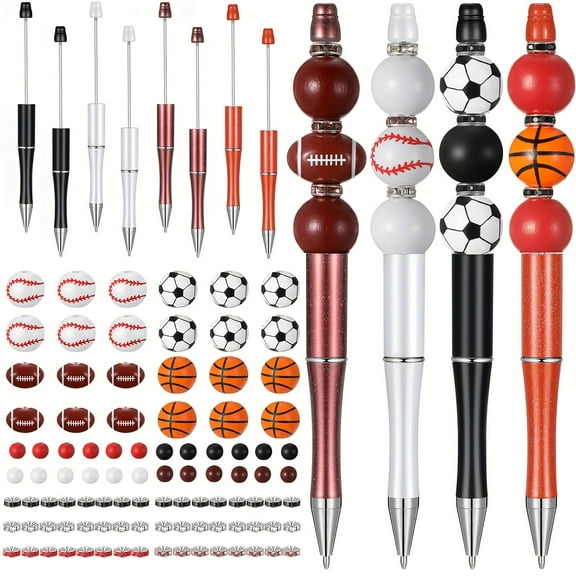 160 PCS Sports Ball Beadable Pen, Pen Making Kit with Beads, DIY Beaded Pen Kit, Beadable Pens Bulk Craft Set, Assorted Basketball Football Baseball Rugby Bead for Football Birthday Party Favors