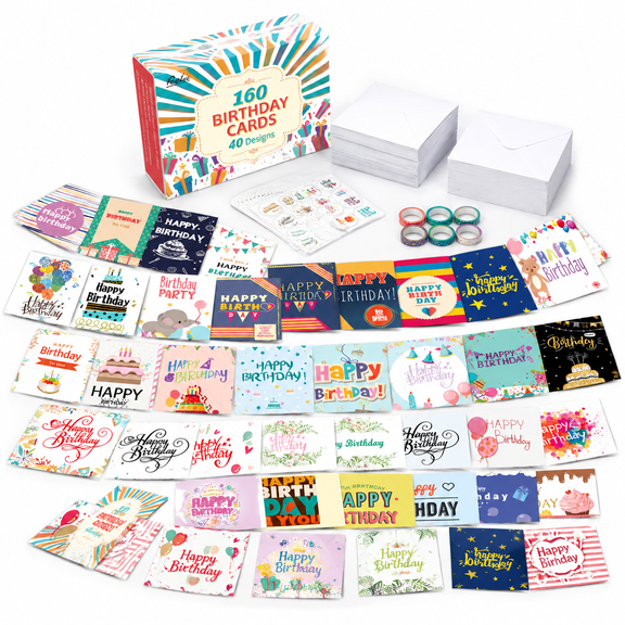 160 Pack Birthday Greeting Cards Bulk with 40 Designs, Envelopes, Stickers and Washi Tapes