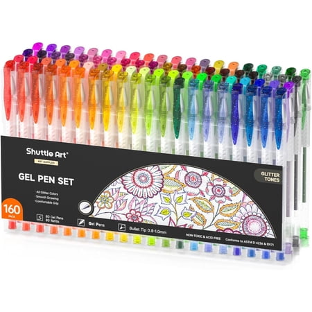 160 Pack Glitter Gel Pens Set, Shuttle Art 220% Ink Glitter Gel Pen 80 Colored Gel Pens Plus 80 Refills for Adult Coloring Books Craft Doodling