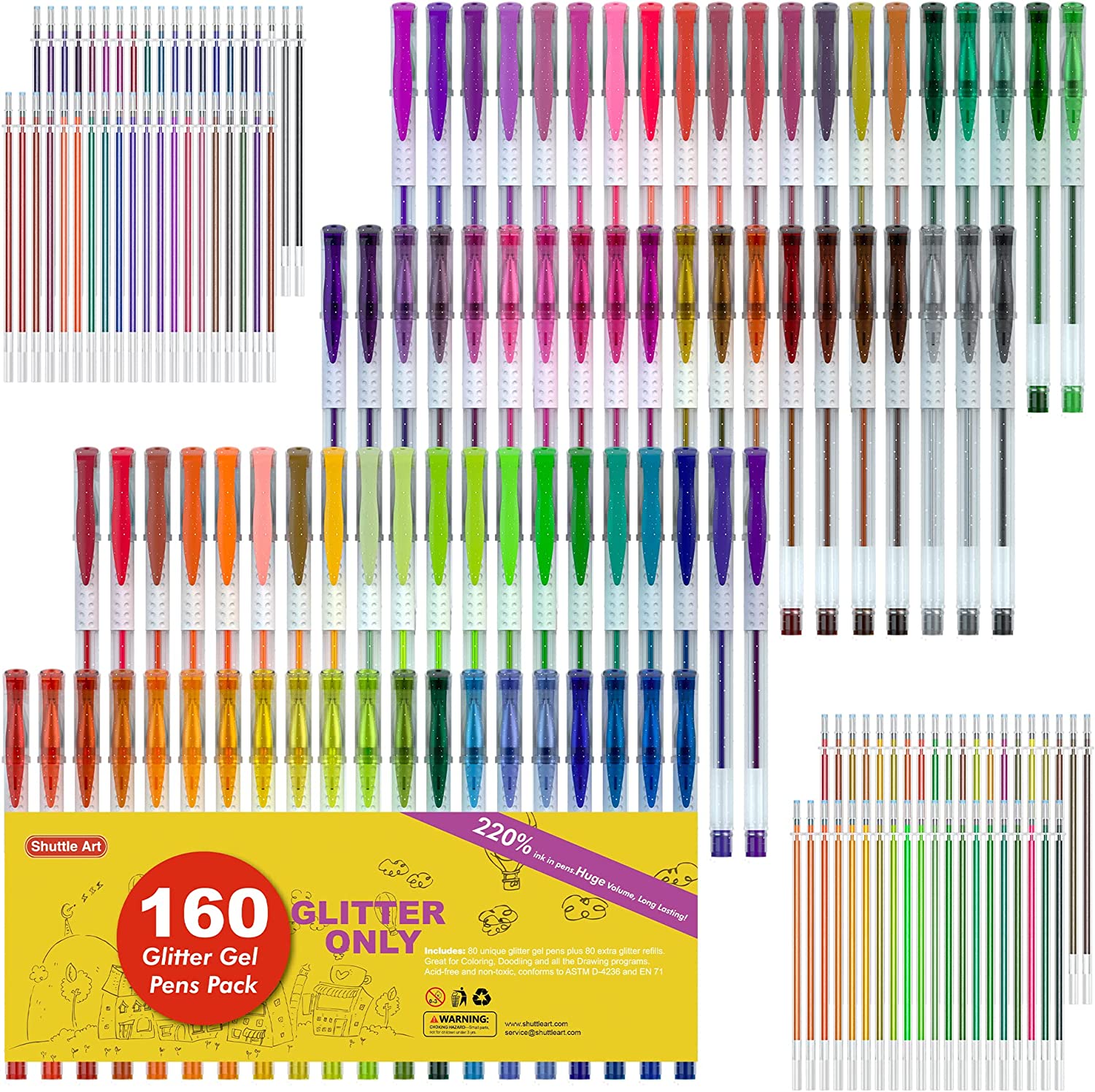 160 Pack Glitter Gel Pens Set, Shuttle Art 220% Ink Glitter Gel Pen 80 Colored Gel Pens Plus 80 Refills for Adult Coloring Books Craft Doodling - image 1 of 8