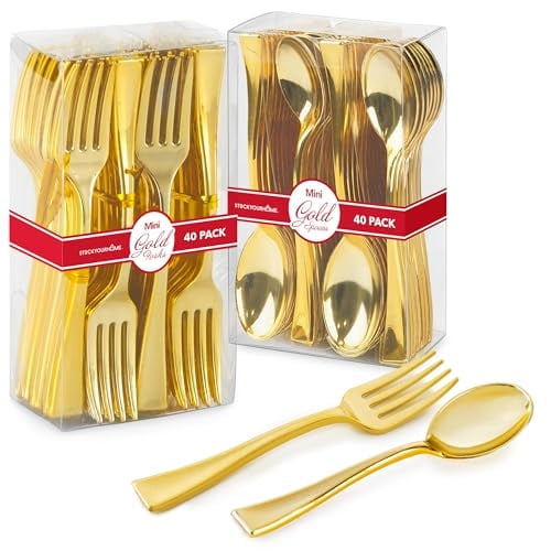 160 Pack Gold Plastic Mini Spoons and Forks (4 Inch) 80 Disposable Tasting Spoons & 80 Appetizer Forks, Mini Utensils for Desserts, Food Samples, Appetizers & Charcuterie Boards