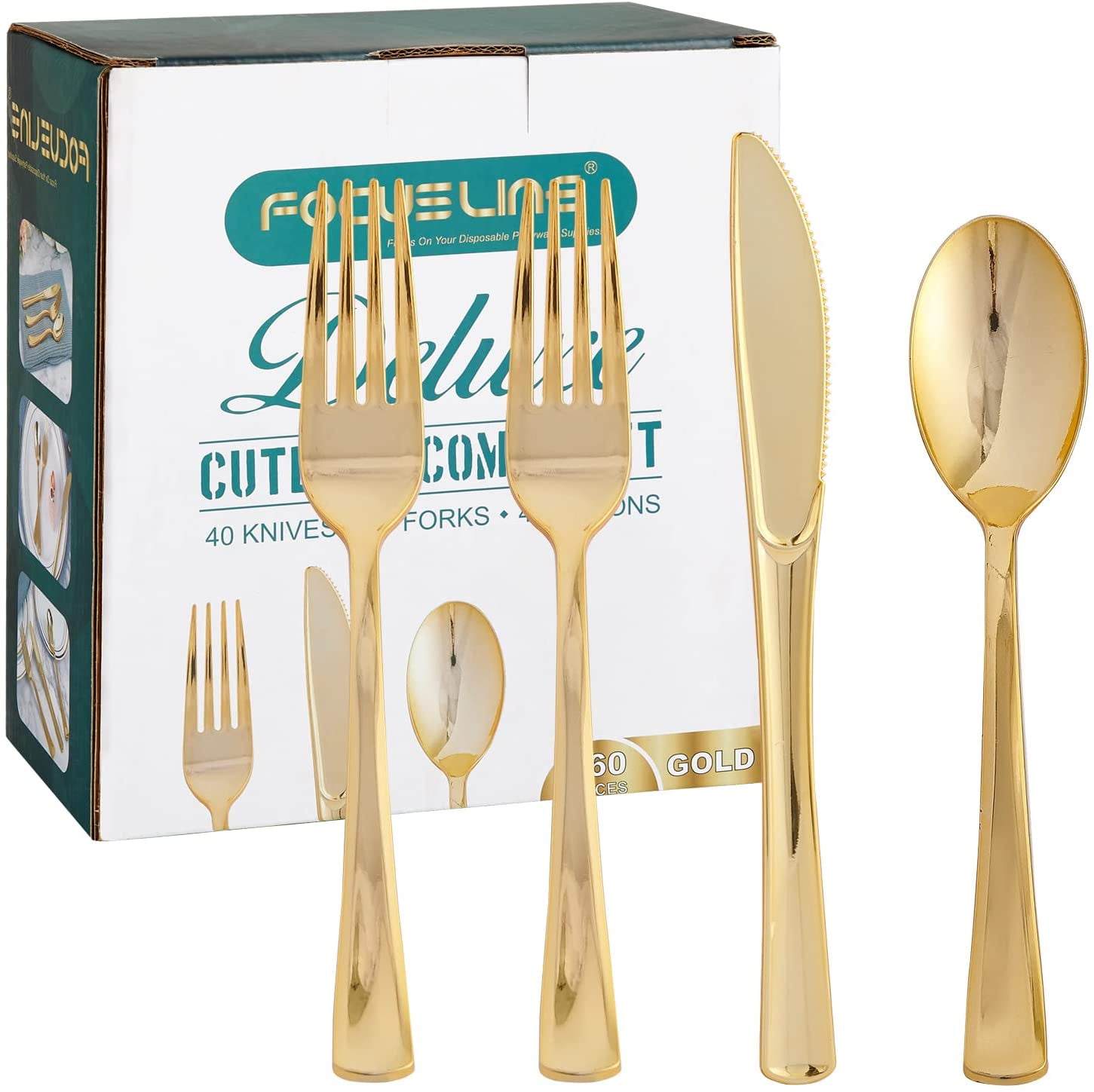 160 Pack Gold Plastic Silverware Set, Including 80 Gold Forks, 40 Gold