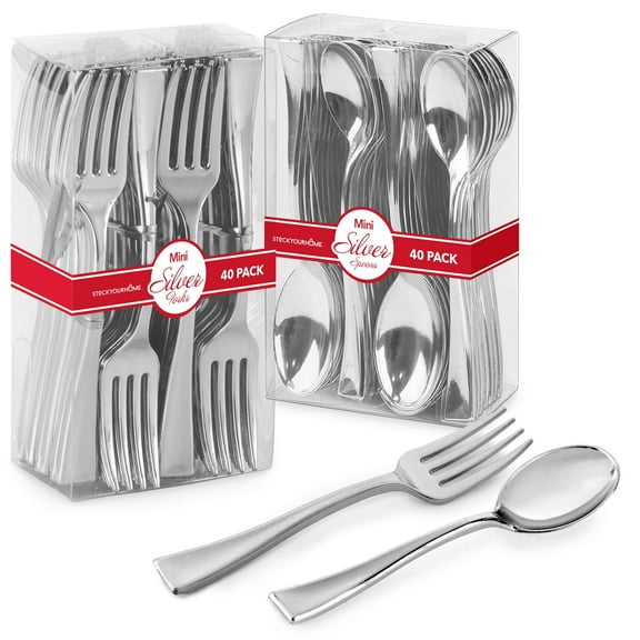 160 Pack Silver Plastic Mini Spoons and Forks (4 Inch) 80 Disposable Tasting Spoons & 80 Appetizer Forks, Mini Utensils for Desserts, Food Samples, Appetizers & Charcuterie Boards