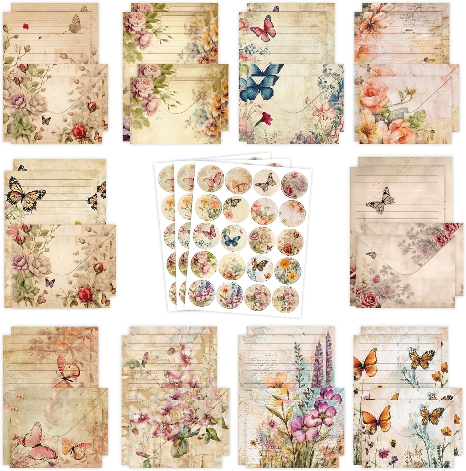 160 Packs Stationery Paper and Envelopes Set 10 Different Designs, 50 One Sided Writing Papers with Matching 60 Round Dot Sticker, 5.5 x 8.25 Inch (VintagePlant)