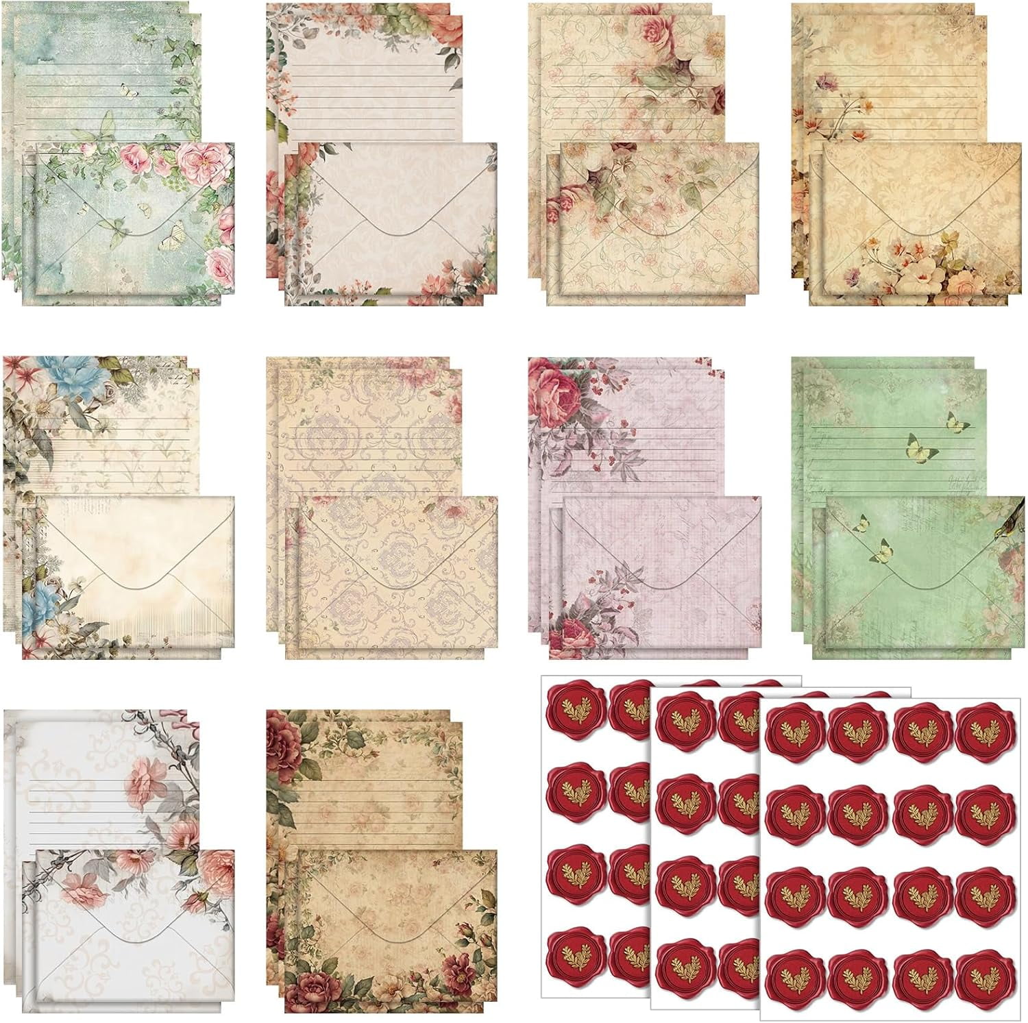 160 Pcs Stationery Paper Set 50 Double Sided Papers with Matching Envelopes and 60 Round Dot Sticker, 10 Design(Vintage Floral,5.5 x 8.25 Inch)