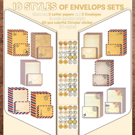 160 Packs Stationery Paper Set (50 Double Sided Stationery Writing Papers 50 Matching Envelopes) 60 Round Dot Sticker, 10 Design