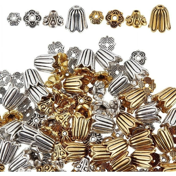 160 Pcs 4 Styles Tibetan Style Bead Caps Alloy Bead Cap Flower Bead Caps Vintage Floral Bead Cap Jewelry DIY Findings for Necklaces Bracelets Making