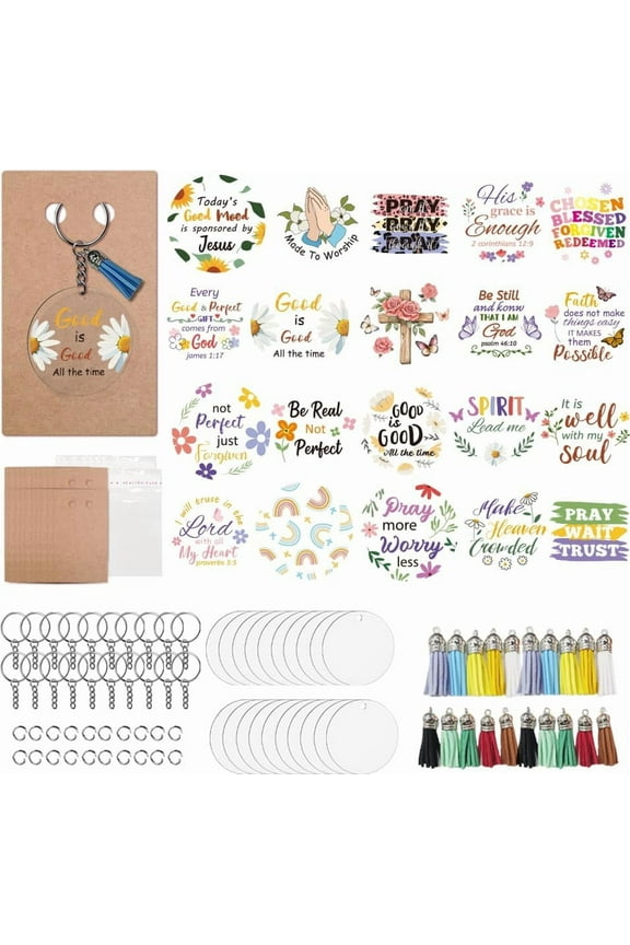 160 Pcs Acrylic Keychain Blank Set Faith and Flower UV DTF Stickers Plastic Keychain Making Kits