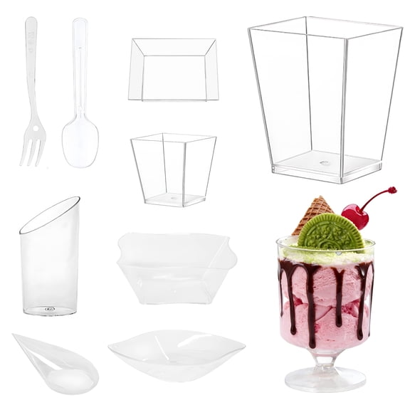 160 Pcs Clear Plastic Dessert Cups Set, Includes 10 Styles of 2.1-5.1 oz Small Dessert Containers, Mini Dessert Bowls, Spoons, and Forks for Appetizers, Parfaits, and Parties