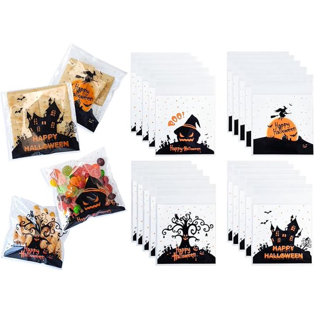 160 Pcs Halloween Cellophane Clear Treat Bags Self Adhesive Candy