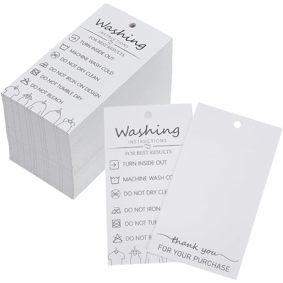 160 Pcs Handmade Fabric Washing Instructions Hang Tag 3.5x2inch White Paper Washing Price Tags Material Care Cards Minimalist Symbols Washing Labels for Shirts, Beanies, Knitted, Quilts