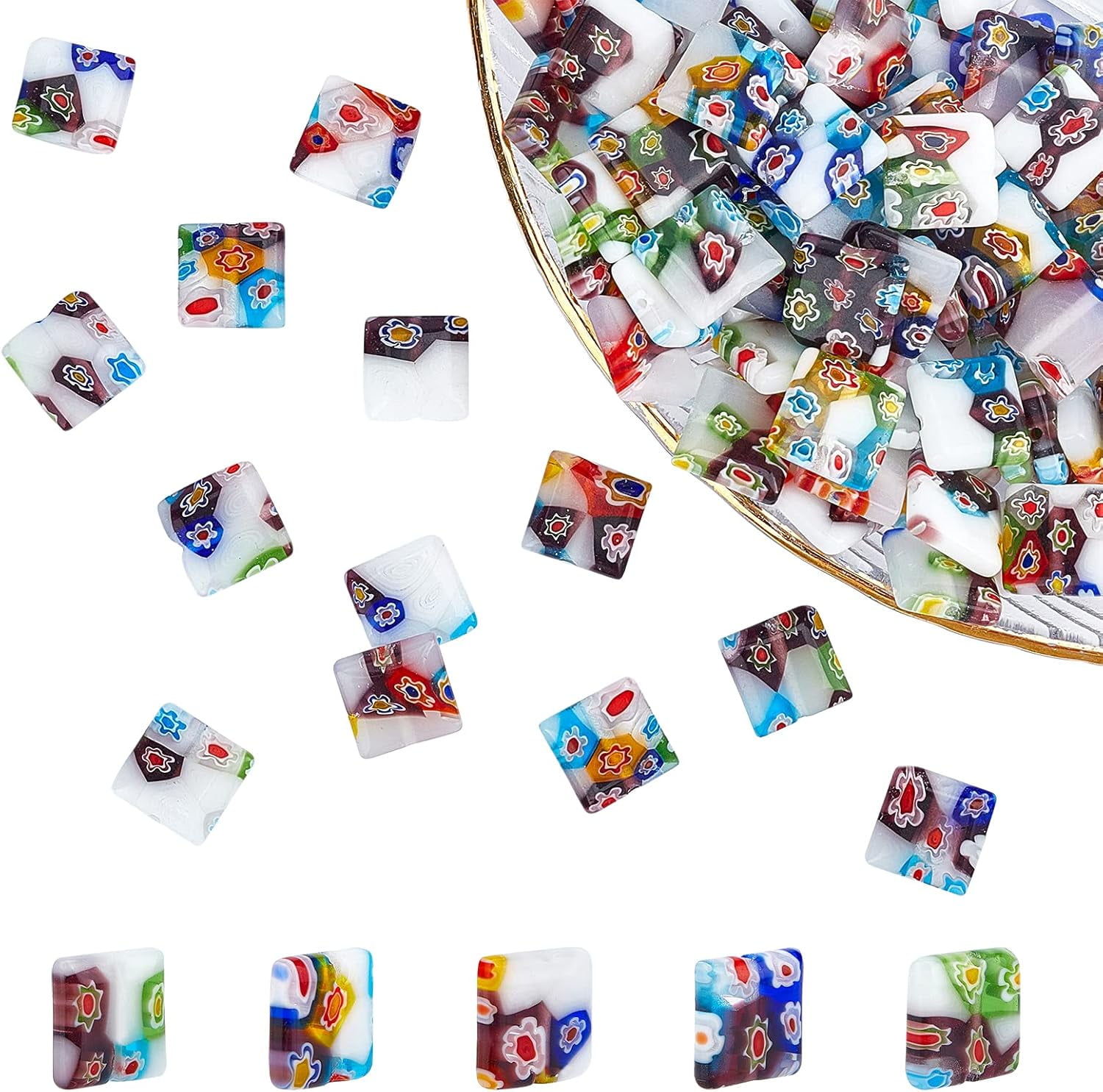 160 Pcs Millefiori Lampwork Beads Square Shaped Glass Beads 12mm Handmade Spacer Beads for DIY Bracelets Necklace Jewelry Making Mixed Color