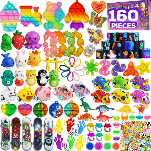 160 Pcs Party Favors Fidget Toys Pack, Randomly Selected Pop Sensory Set Gifts Stickers for Kids Adults Boy Girl Stocking Stuffers Autistic Bulk Goodie Bag Filler Treasure Box Classroom Prizes School