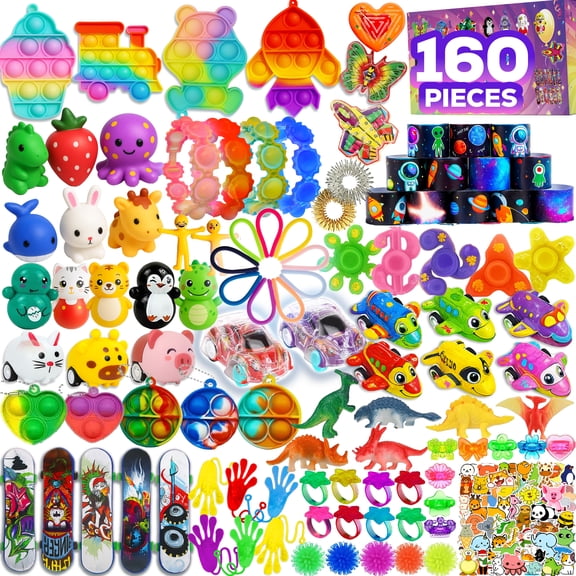160 Pcs Party Favors Fidget Toys Pack, Randomly Selected Pop Sensory Set Gifts Stickers for Kids Adults Boy Girl Stocking Stuffers Autistic Bulk Goodie Bag Filler Treasure Box Classroom Prizes School