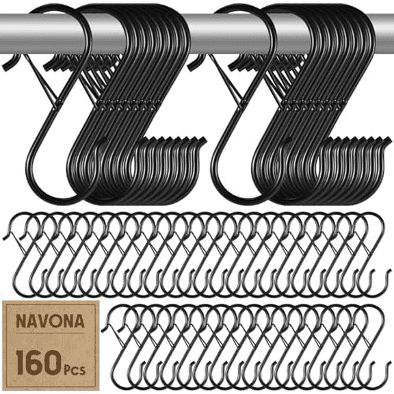 160 Pcs S Hooks for Hanging Heavy Duty, 3.5 Inch Metal Black S Hook with Safety Buckle, Suitable for 0.5 Inch Rods, Non Slip S Hooks for Hanging Plants Closet Pot Rack Pan Kitchen Utensil Bag Hat