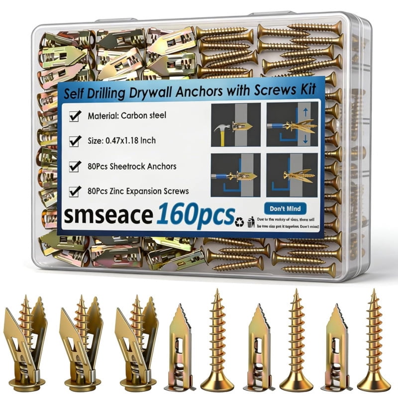 160 Pcs Self-Drilling Anchors with Screws – No Drill Needed Drywall Anchors Kit, Heavy Duty Wall Anchors for TV, Cabinets, Shelves, Curtain Rods, Bikes,Sheetrock, Gypsum Board (80 Anchors + 80 Screws