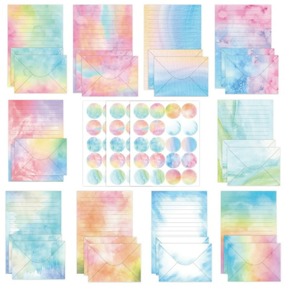 160 Pcs Stationery Paper Set 50 Double Sided Stationery Papers with 50 Matching Envelopes and 60 Round Dot Sticker, 10 Design (Watercolor, 5.5 x 8.25 Inch)