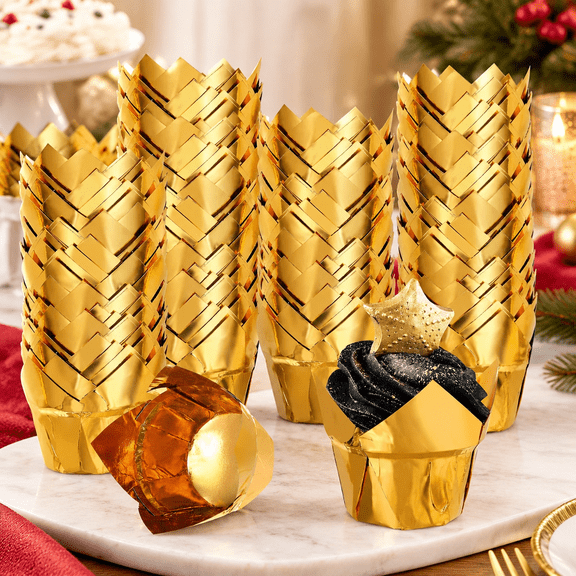 160 Pcs Tulip Cupcake Liners for Baking Muffin Aluminum Foil Paper Baking Cups Disposable Cupcake Wrappers Greaseproof Muffin Liners for Wedding Xmas (Gold)