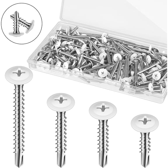160 Pcs White Self Tapping Screws for Metal White Thread Truss Head Screws 8 Fast Self Drilling Sheet for Wire Lath to Metal Studs, Wood Work, 4 Sizes