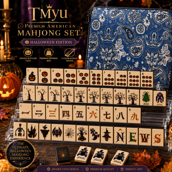 160-Piece American Mahjong Set, Acrylic Tiles with Halloween Designs for Game Nights and Gatherings with Carrying Bag and racks