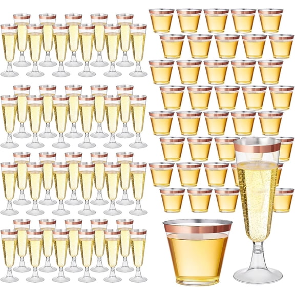 160-Piece Champagne Flute and Clear Plastic Cup Set 60 pcs 5 oz + 100 pcs 9 oz with Rose Gold Rim