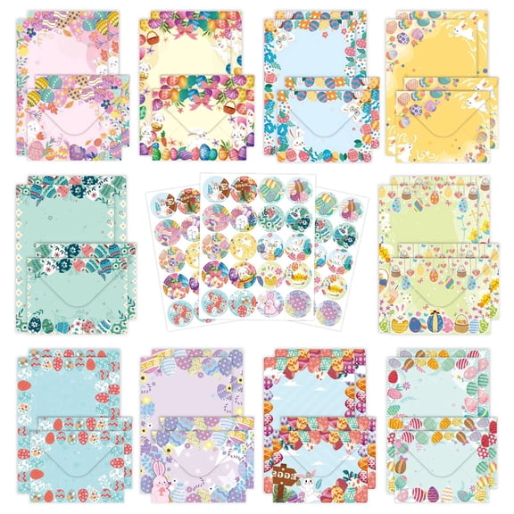 160 Piece Easter Stationery Paper and Envelopes Set, 10 Designs Writing Paper with 50 Sheets, 50 Matching Envelopes & 60 Round Stickers, Decorative Letter Writing Set, 5.5 x 8.25 Inch
