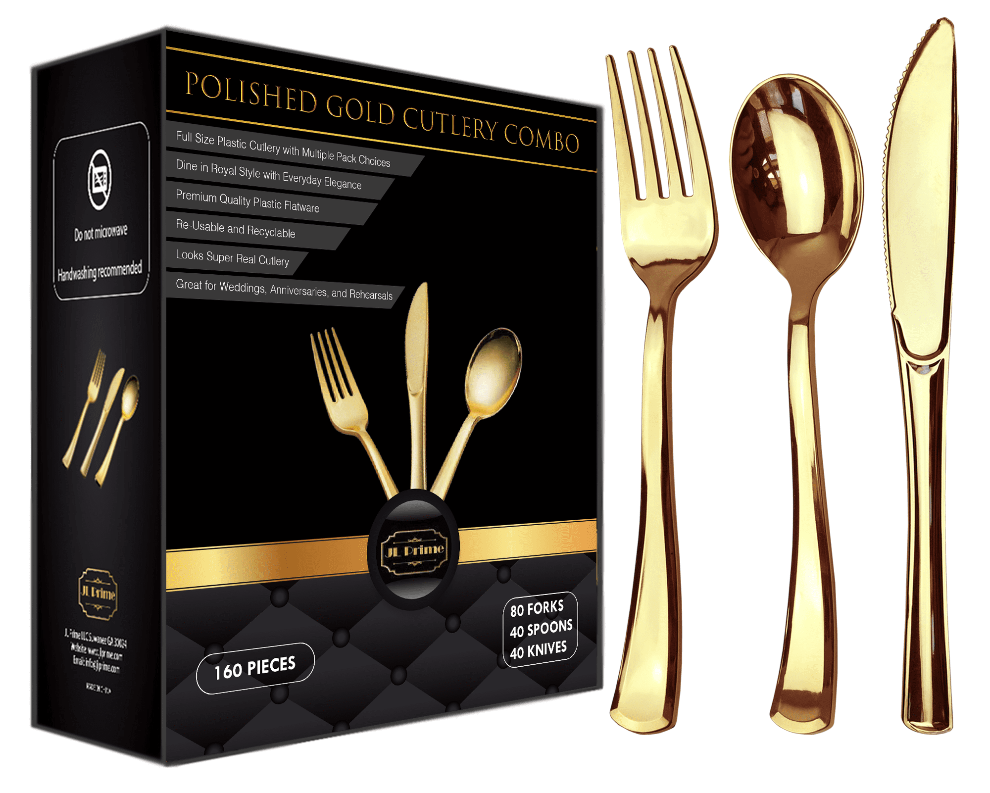 160 Piece Gold Plastic Silverware Set - Reusable & Recyclable - Gold Plastic Utensils for Weddings, Anniversaries, Showers, Parties - 80 Forks, 40 Spoons, 40 Knives - Elegant Cutlery by JL Prime