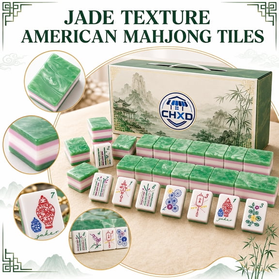 160 Piece Green American Mahjong Tiles 3 Layer Acrylic Mahjong Tile Set Deep Engraved Jade Texture Pattern for Mahjong Game Night