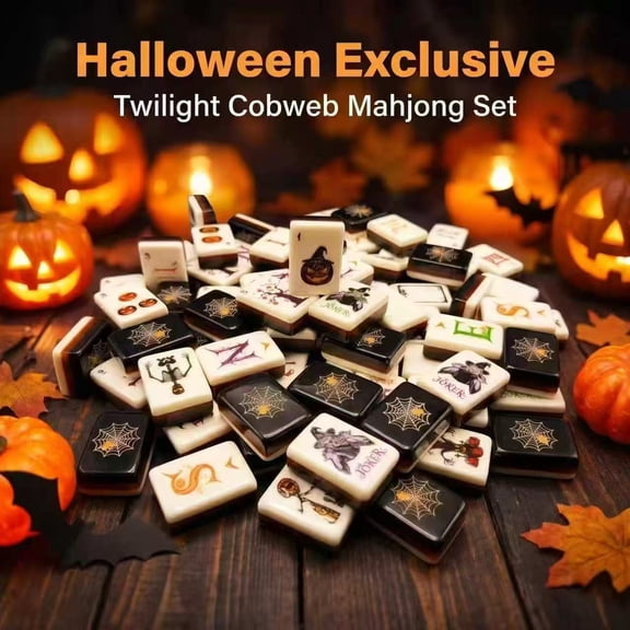 160-Piece Halloween American Mahjong Tile Set, Acrylic Cobweb and Pumpkin Mah Jongg Game for 4 Players, Twilight Black