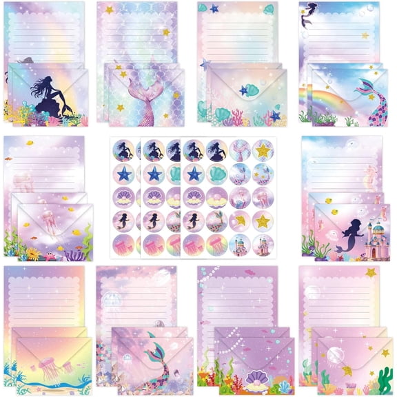 160-Piece Mermaid Envelope Stationery Set—a stationery set featuring 50 sheets of letter paper, 50 envelopes, and 60 stickers, measuring 5.5 x 8.25 inches, perfect for gifts and invitations