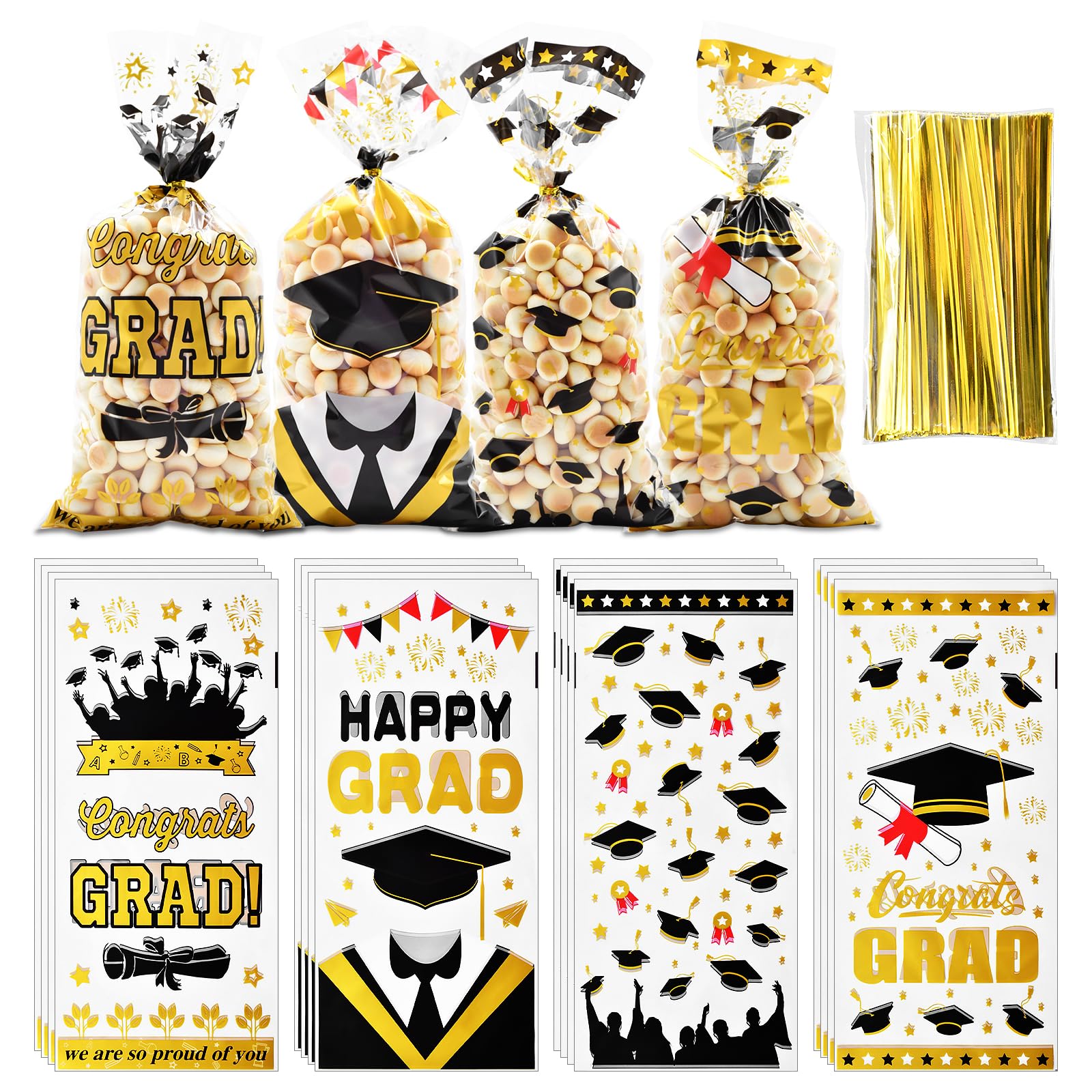 100 PCS Graduation Cellophane Treat Bags With 120 Gold Twist Ties - Class Of 2025 Goodie Favor Bags