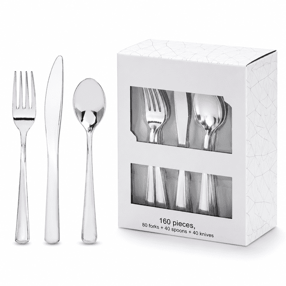 160 Pieces Silver Plastic Silverware - Disposable Cutlery Perfect for Party Wedding Spring