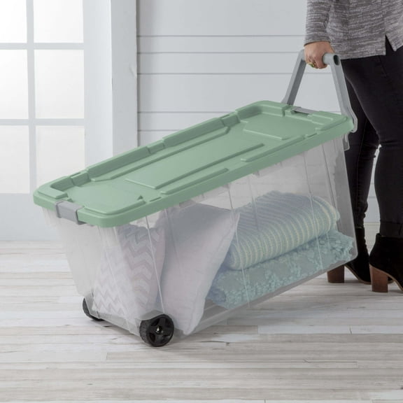 160 Quart Extra Large Wheeled Storage Bin Clear Plastic Container with Handle Gray Pack of 2