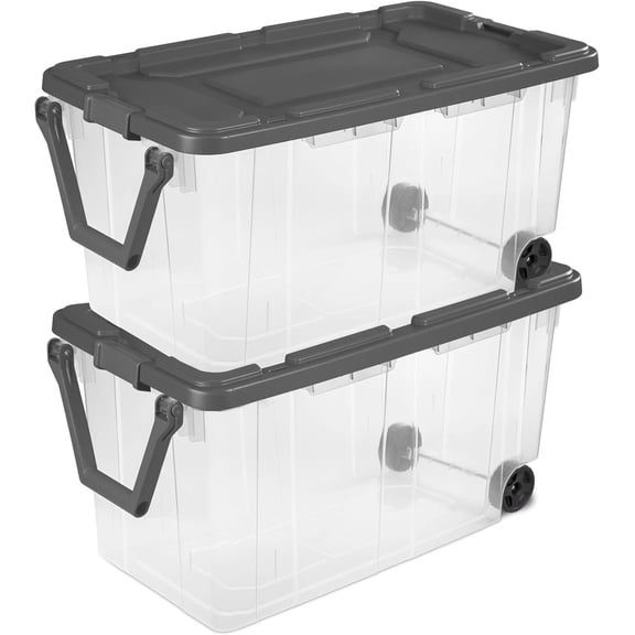 160-Quart Wheeled Stackable Storage Bin,Heavy-Duty Clear Plastic Container for Household & Garage Bulk Storage,Perfect for Outdoor Camping and Seasonal Organization, Gray Lid, 2-Pack